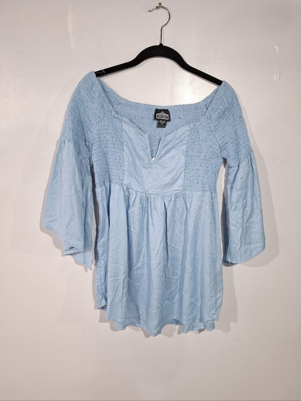 Angie Light Blue Smocked V-Neck Tunic Paisant Textured 3/4 Bell Slevees Sz L